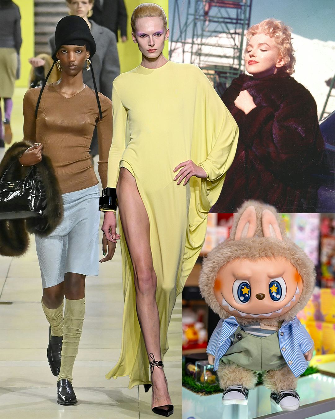A collage of the fashion world broken down in numbers, featuring runway models, labubus and Marilyn ...