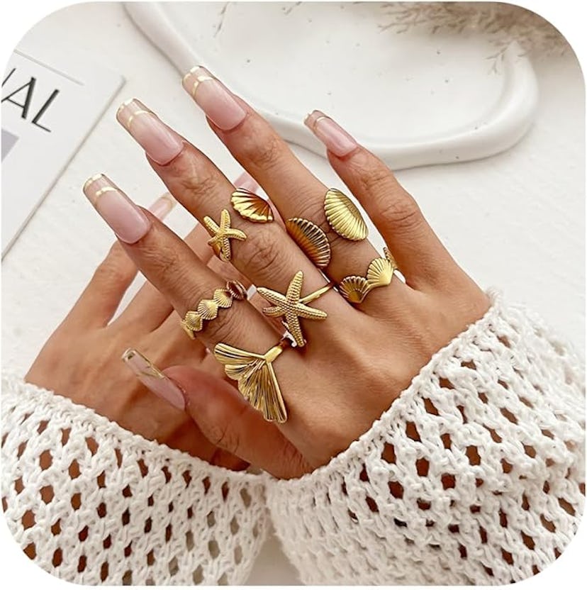6PCS Chunky Gold Starfish Shell Rings