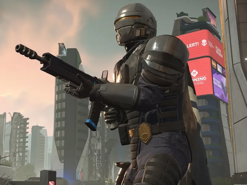 A futuristic soldier in armor holds a rifle in an urban setting with tall, damaged buildings and dig...