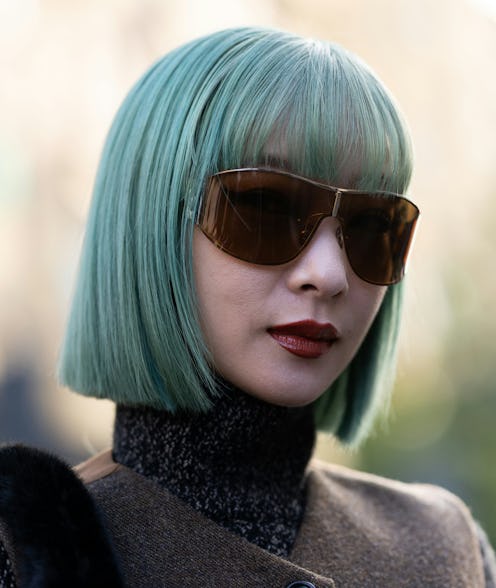 Aya Suzuki with turquoise blunt bob at Milan Fashion Week Spring/Summer 2026