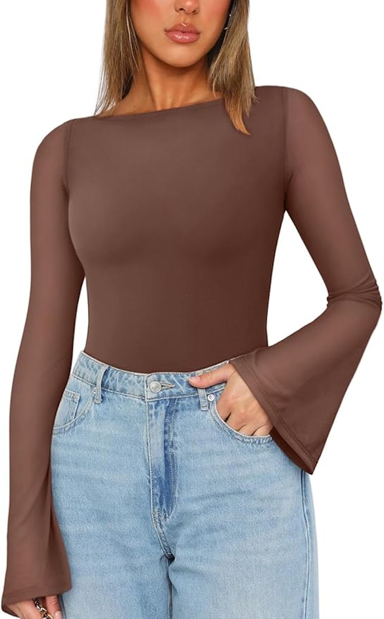 REORIA Mesh Bell-Sleeve Bodysuit 