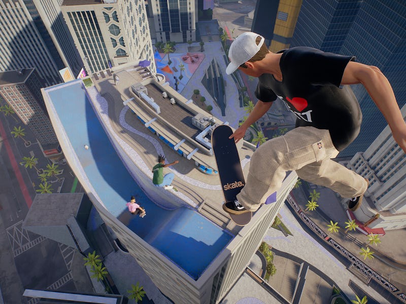 A skateboarder performs a trick above a large rooftop skatepark, surrounded by tall city buildings, ...