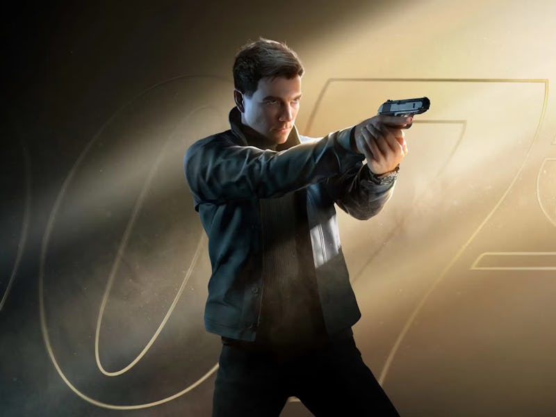 A man with short hair aims a handgun, wearing a dark jacket, in front of a large "007" symbol on a d...
