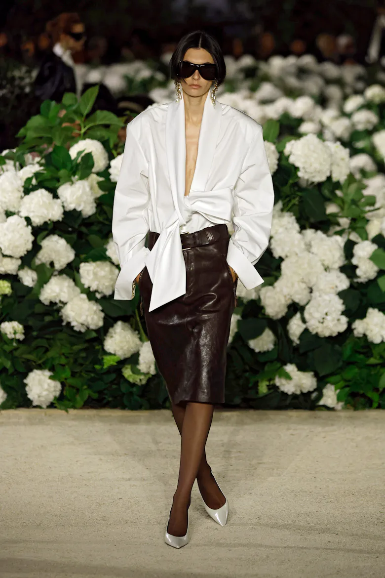 A model walks the runway during the Saint Laurent Womenswear Spring/Summer 2026 show as part of Pari...