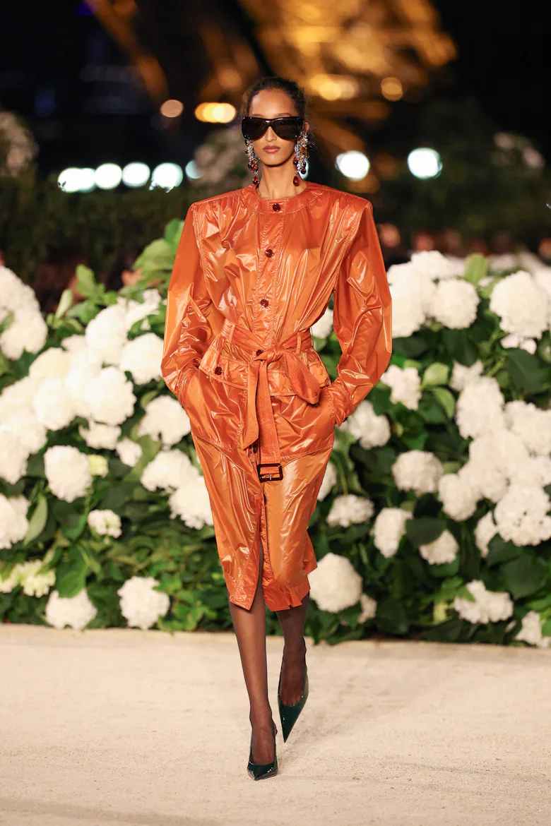 Mona Tougaard walks the runway during the Saint Laurent Womenswear Spring/Summer 2026 show as part o...