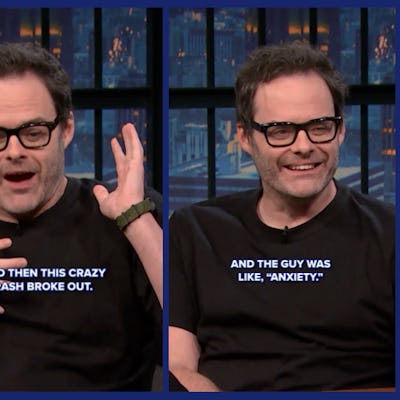 Stills of Bill Hader on late night with seth meyers discussing how his anxiety caused him to get shingles.