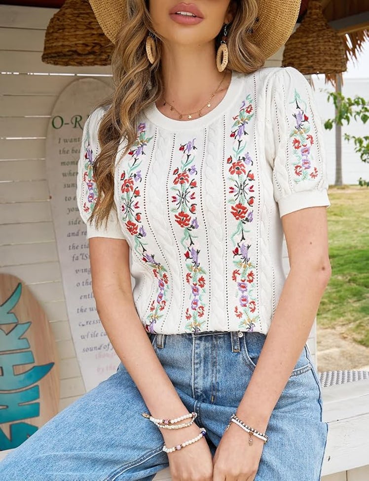 CiCiBird Embroidered Cable Knit Top
