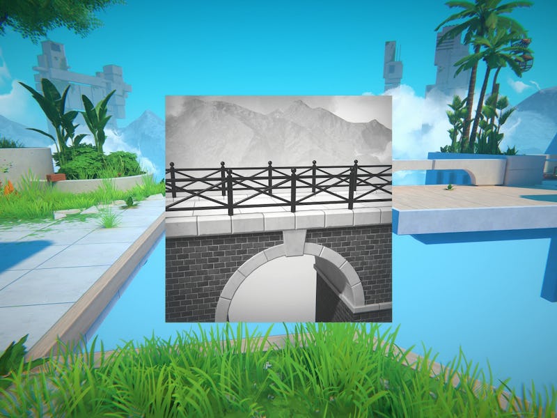 A digital landscape with lush greenery, geometric paths, and futuristic structures. A monochrome ima...