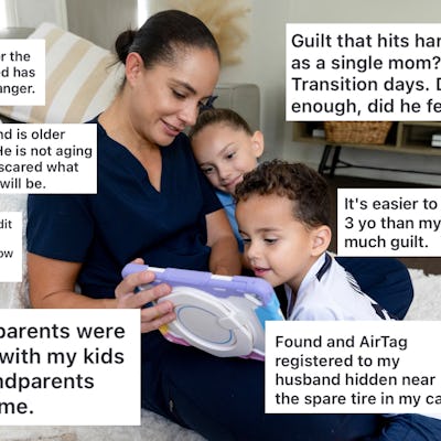 A woman sits on a couch with two children, one on each side, looking at a tablet. Various text messages overlay the image, sharing personal thoughts.