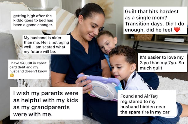 A woman sits on a couch with two children, one on each side, looking at a tablet. Various text messa...
