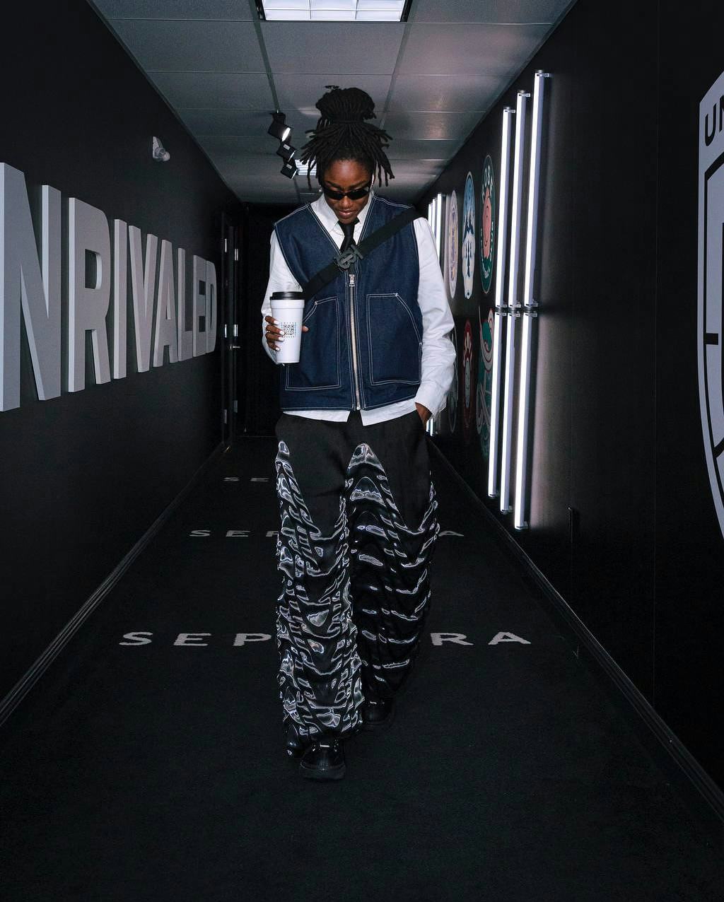 Tiffany Hayes wearing tsunami pants. 