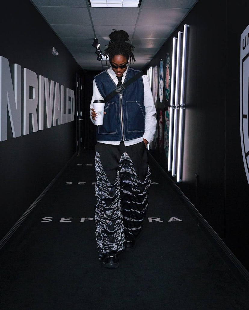 Tiffany Hayes wearing tsunami pants.