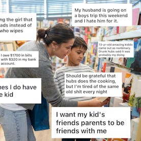 A woman and child browse greeting cards in a store. The image includes various text boxes with perso...