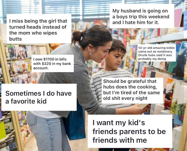 A woman and child browse greeting cards in a store. The image includes various text boxes with perso...