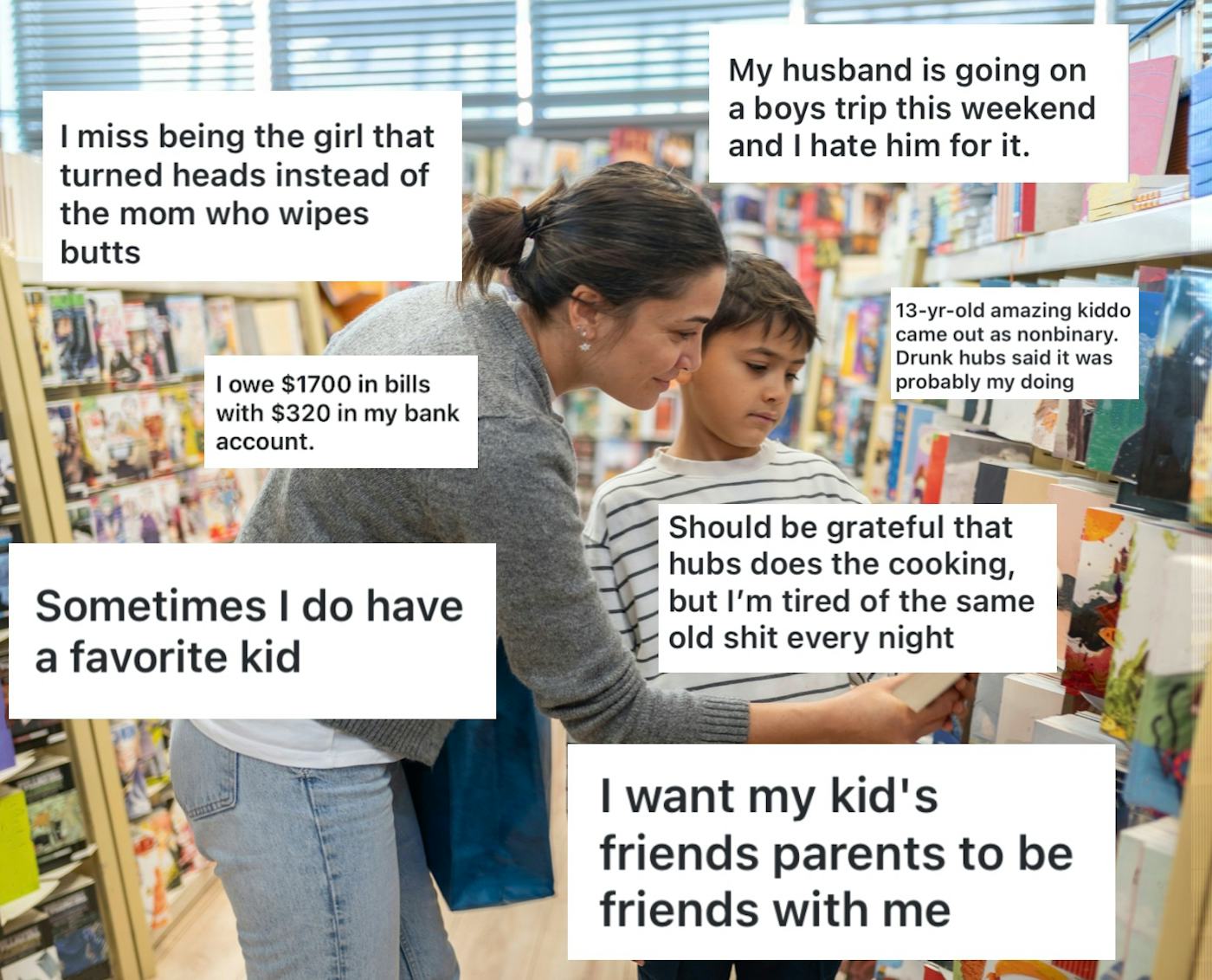 A woman and child browse greeting cards in a store. The image includes various text boxes with personal and humorous thoughts on parenting and relationships.