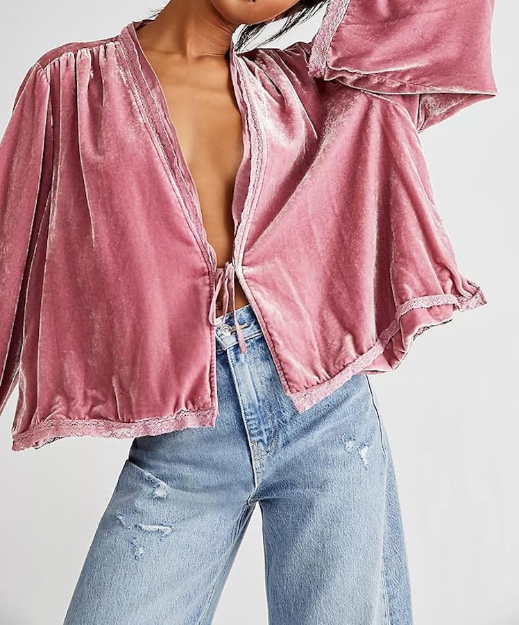 Velvet Bell Sleeve Tie Front Cardigan 