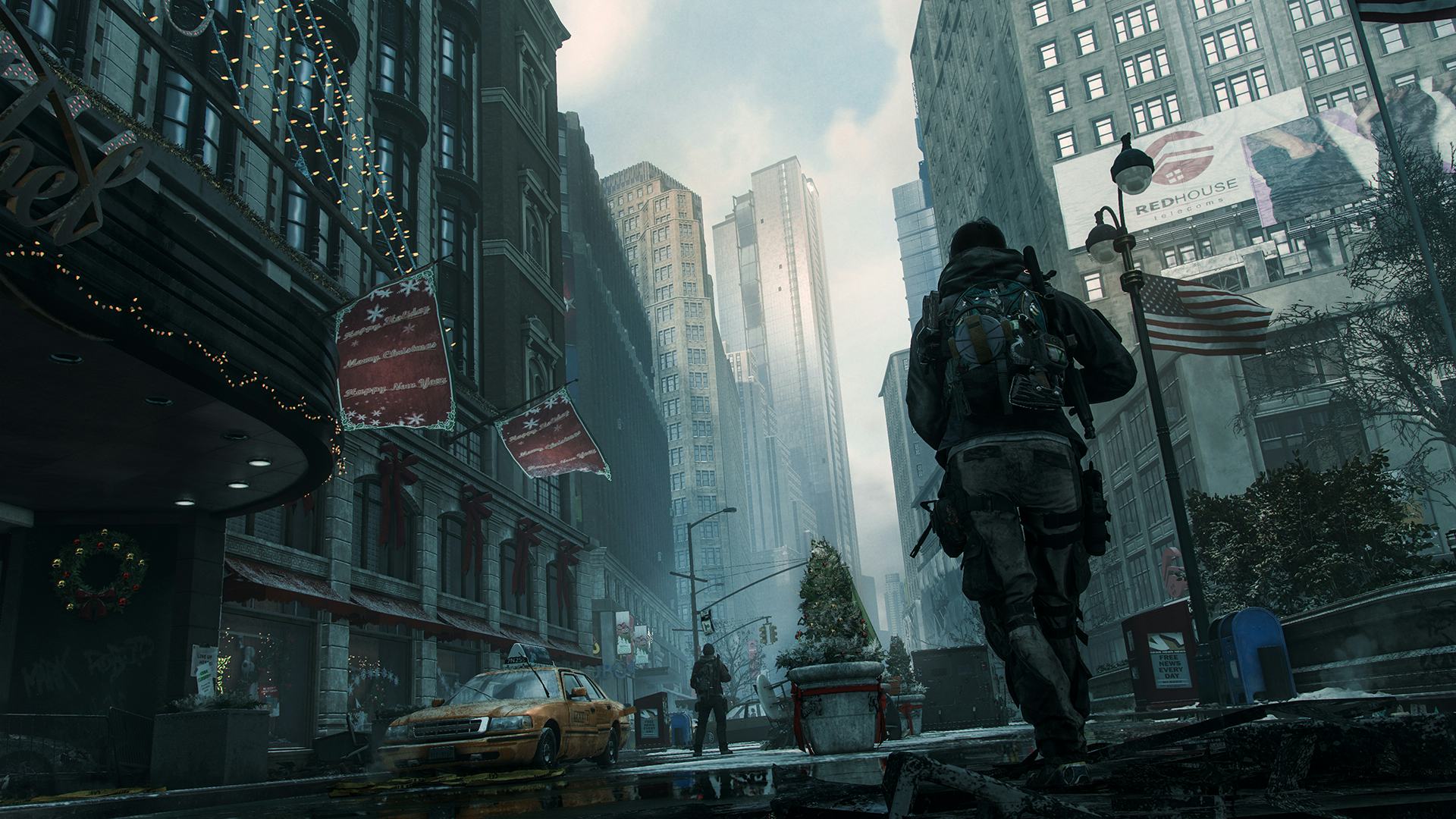 A solider walks through the snowy streets of New York City.