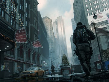 A solider walks through the snowy streets of New York City.