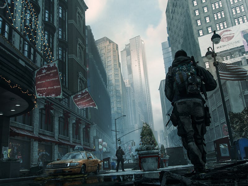 A solider walks through the snowy streets of New York City.