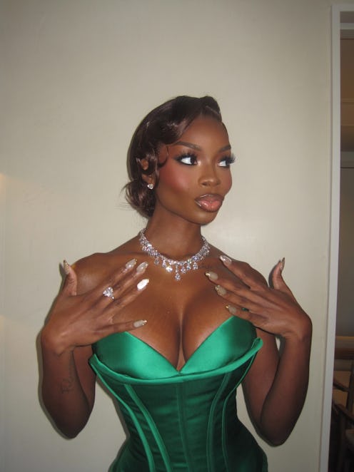 Olandria with champagne velvet nails