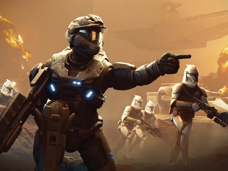 An ODST solider points clone troopers into battle.