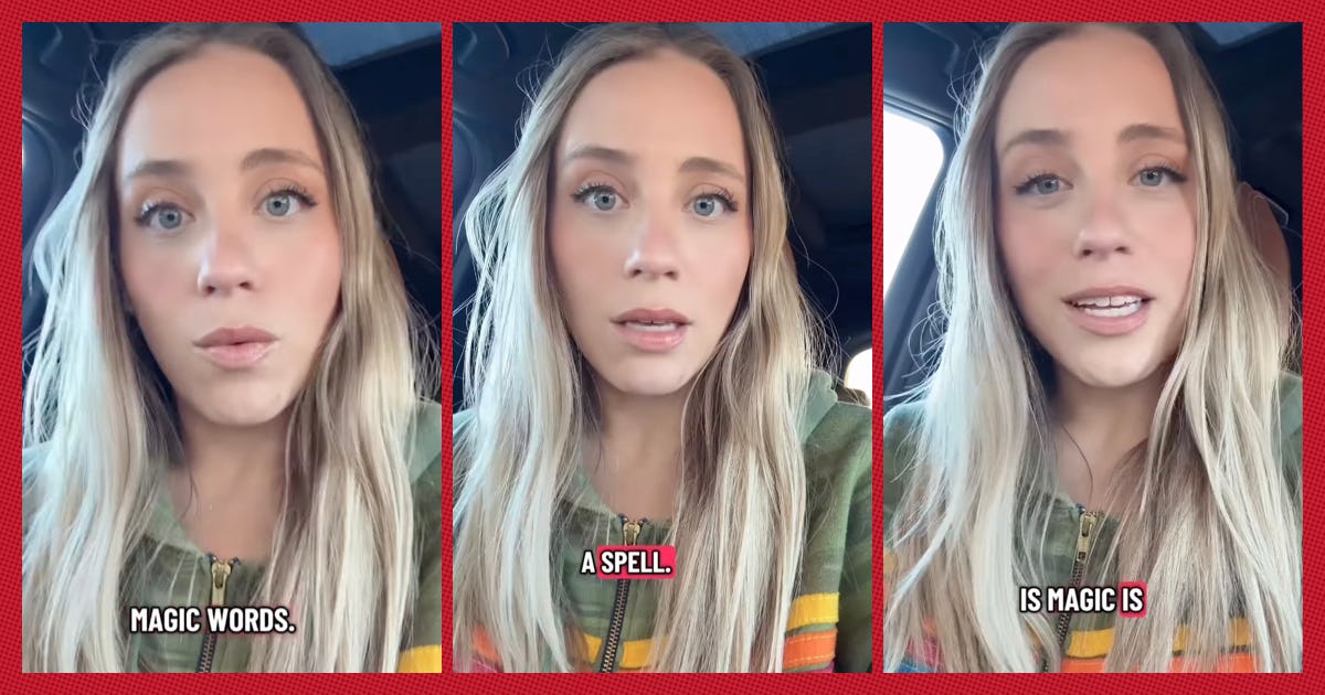 A woman talks into the camera about "magic words." 