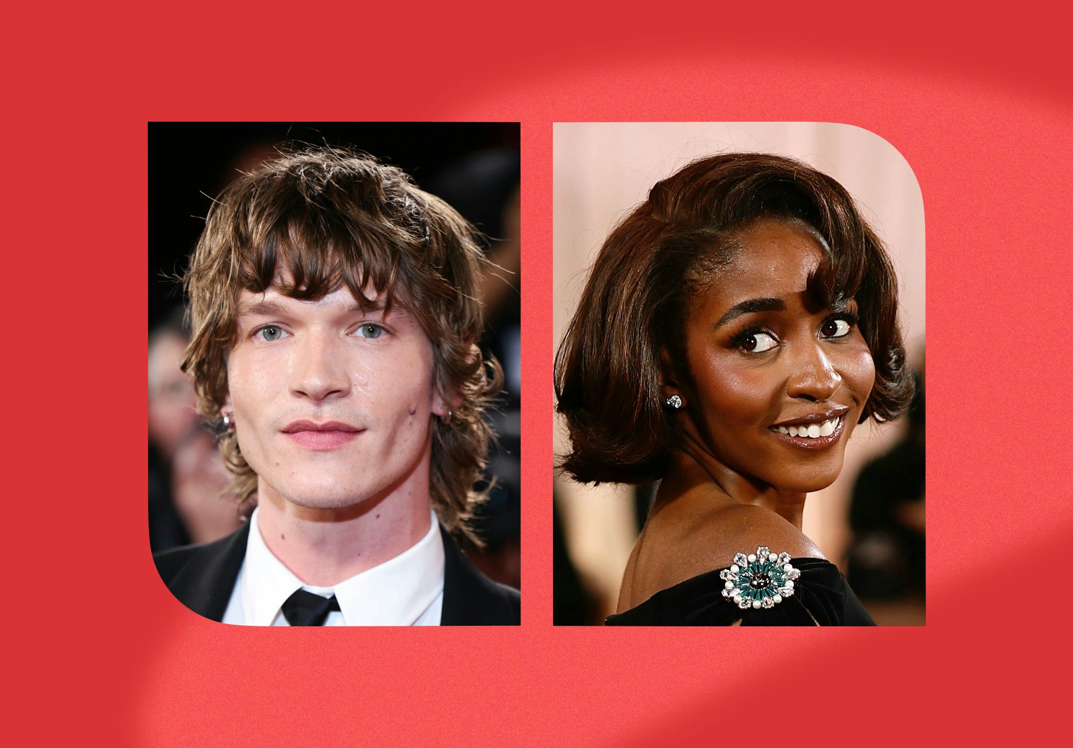 Connor Storrie and Ayo Edebiri at the 2026 Golden Globes. Photos via Getty Images