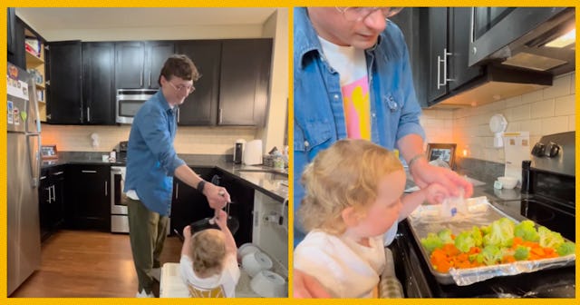 A dad does chores around the house with the help of his toddler.