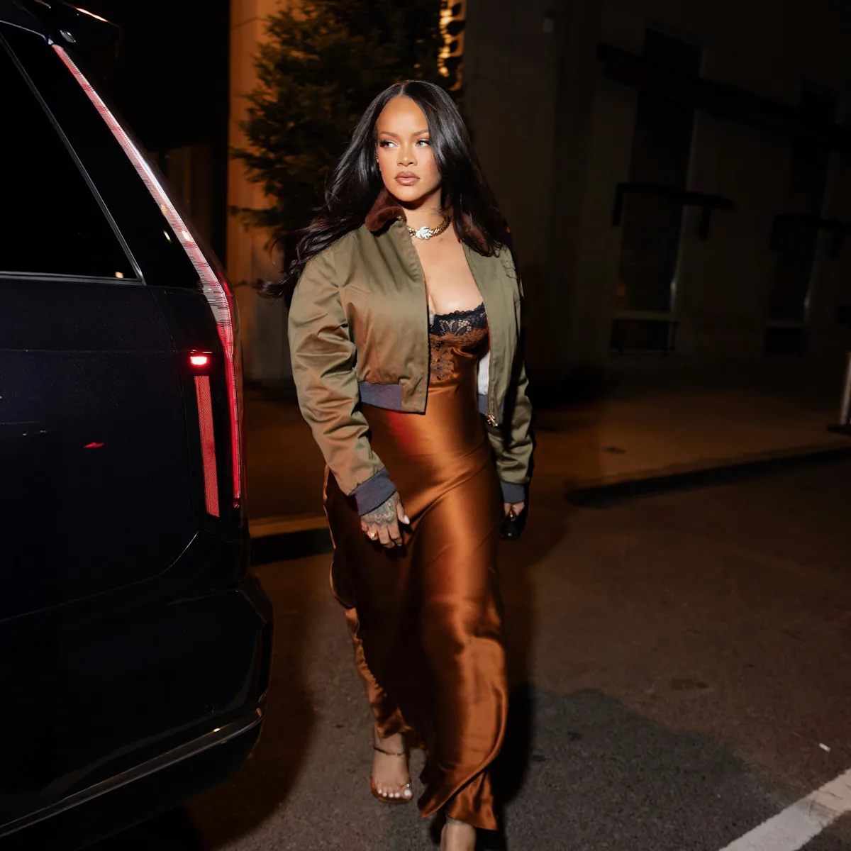 rihanna green silk dress AW Rihanna Dress