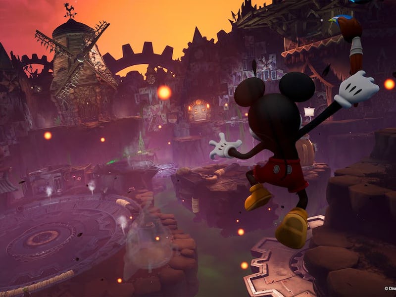 Mickey Mouse jumps onto a platform made of clock gears.