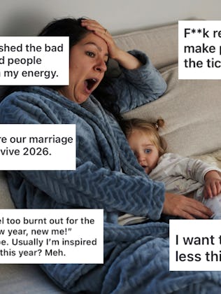 A person in a blue robe sits on a couch with a child. Five text boxes express different personal ref...