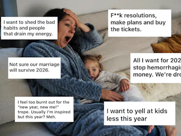 A person in a blue robe sits on a couch with a child. Five text boxes express different personal ref...