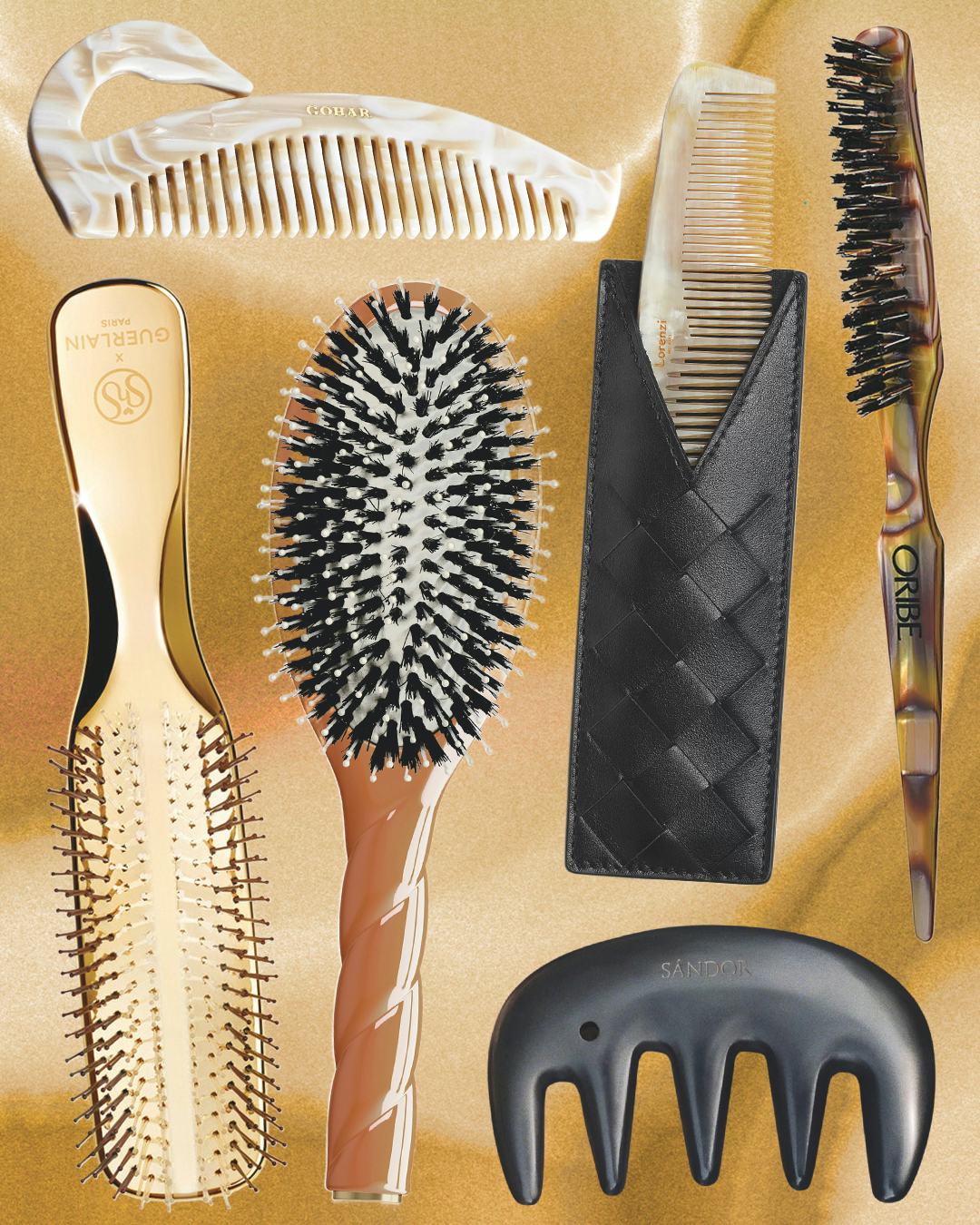 a collage of luxury hairbrushes and combs