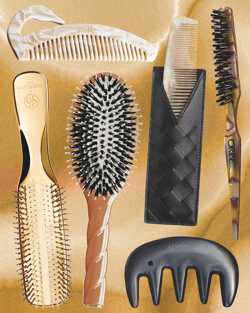 a collage of luxury hairbrushes and combs