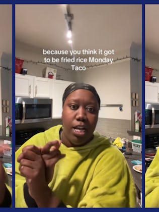 Tik Tok creator Evelyn speaks to camera in her kitchen about why Americans get so stressed over meal...