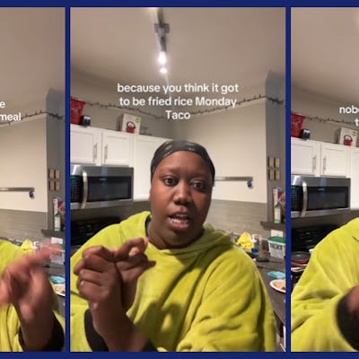 Tik Tok creator Evelyn speaks to camera in her kitchen about why Americans get so stressed over meal prepping