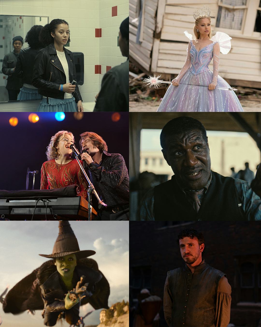 From left to right: Chase Infiniti in "One Battle After Another", Ariana Grande in "Wicked: For Good...