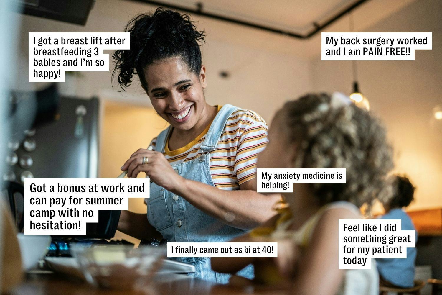 A woman wearing overalls smiles as she interacts with a child in a kitchen. Several positive affirma...
