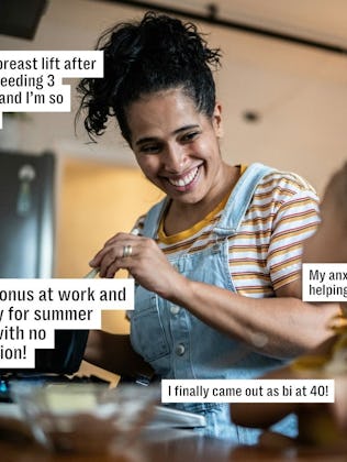 A woman wearing overalls smiles as she interacts with a child in a kitchen. Several positive affirma...