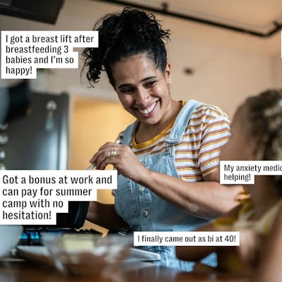 A woman wearing overalls smiles as she interacts with a child in a kitchen. Several positive affirmations are overlaid on the image, highlighting personal achievements and life improvements.