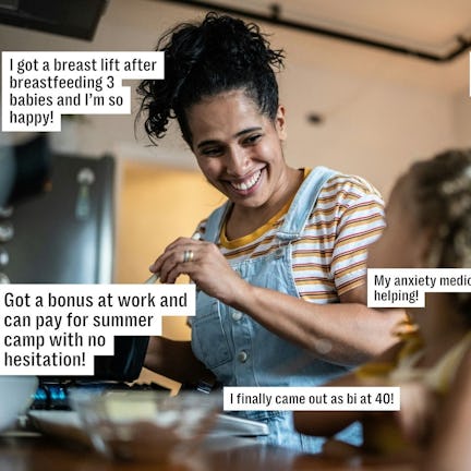 A woman wearing overalls smiles as she interacts with a child in a kitchen. Several positive affirma...
