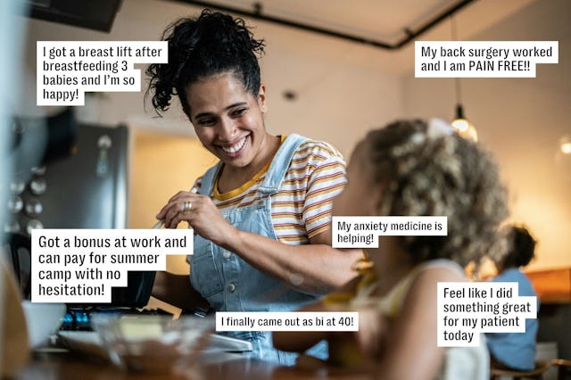 A woman wearing overalls smiles as she interacts with a child in a kitchen. Several positive affirma...