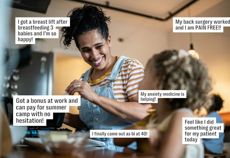 A woman wearing overalls smiles as she interacts with a child in a kitchen. Several positive affirma...