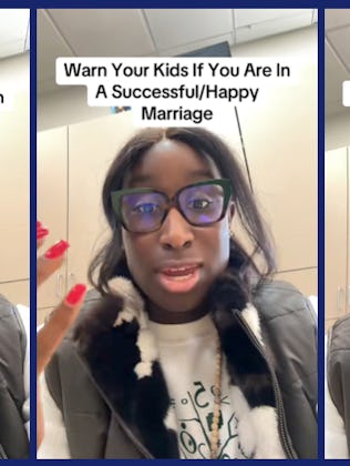 A woman speaks to her camera in an office setting about why parents in healthy marriages should warn...