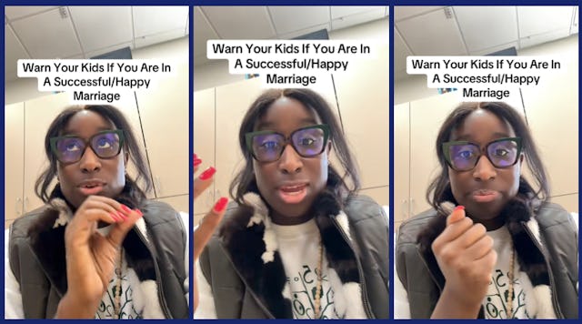 A woman speaks to her camera in an office setting about why parents in healthy marriages should warn...