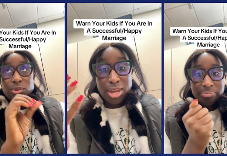 A woman speaks to her camera in an office setting about why parents in healthy marriages should warn...