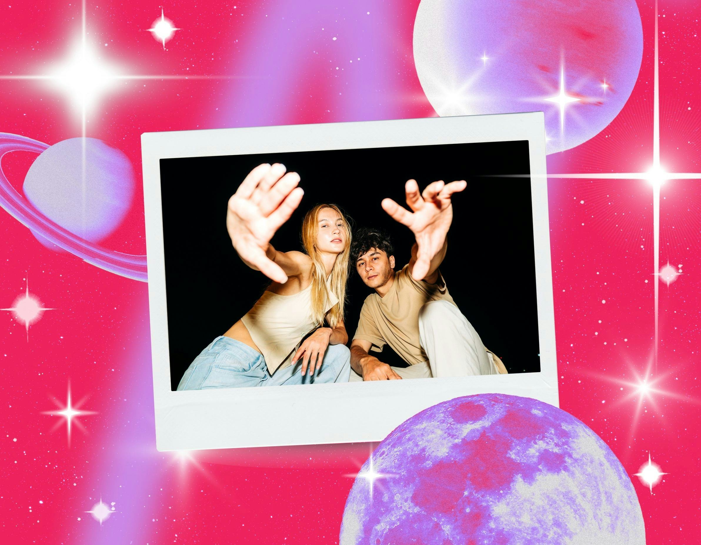 A young couple putting their hands up in front of the camera, ahead of reading their February 2026 h...