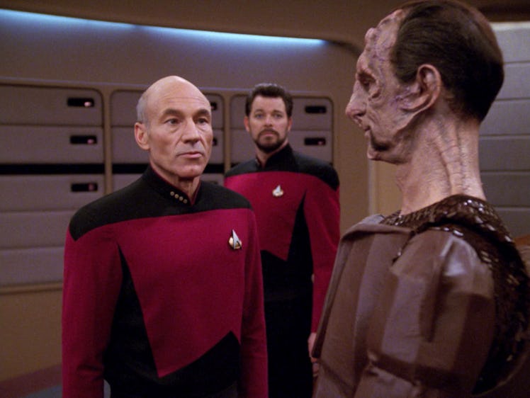Picard and Gul Macet, the first Cardassian played by Marc Alaimo.