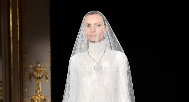 Model on the runway at the Giorgio Armani Privé fashion show as part of Haute Couture Spring/Summer ...