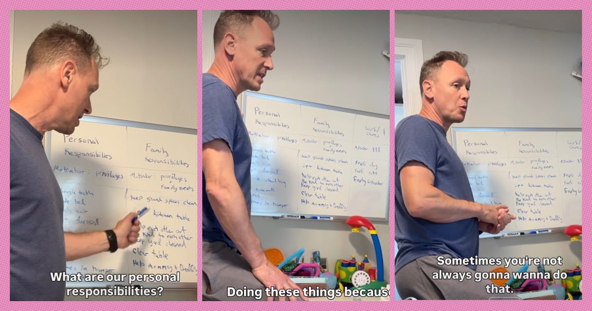 A man explains a chore chart to his kids. 